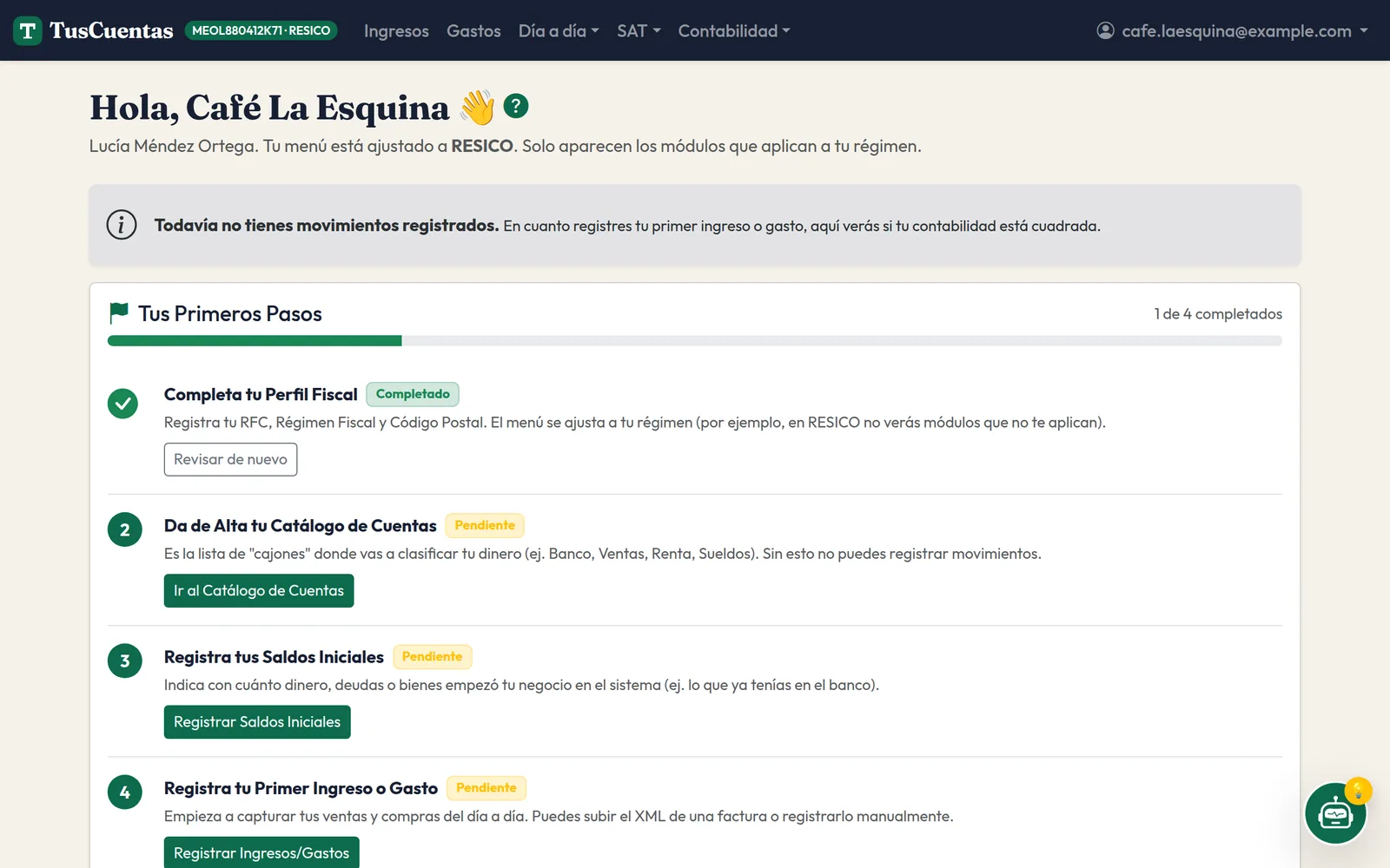 Inicio de TusCuentas con los primeros pasos